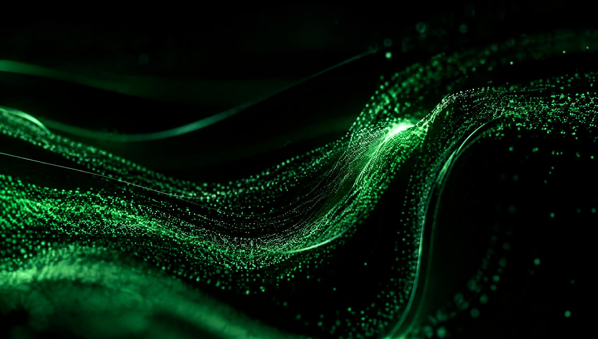 Glowing green streams of data flowing across a dark background